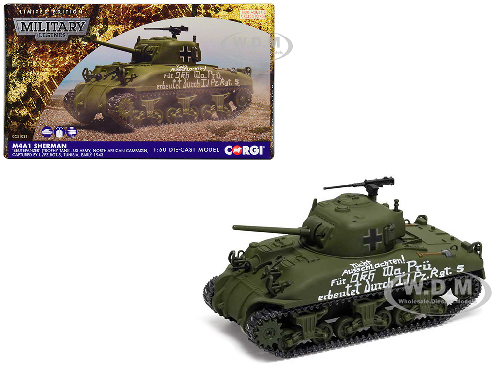 M4A1 Sherman Medium Tank BeutePanzer (Trophy Tank) US Army North African Campaign Captured by L./PzRgt 5 Tunisia (1943) German Army Military Legends Series 1/50 Diecast Model by Corgi