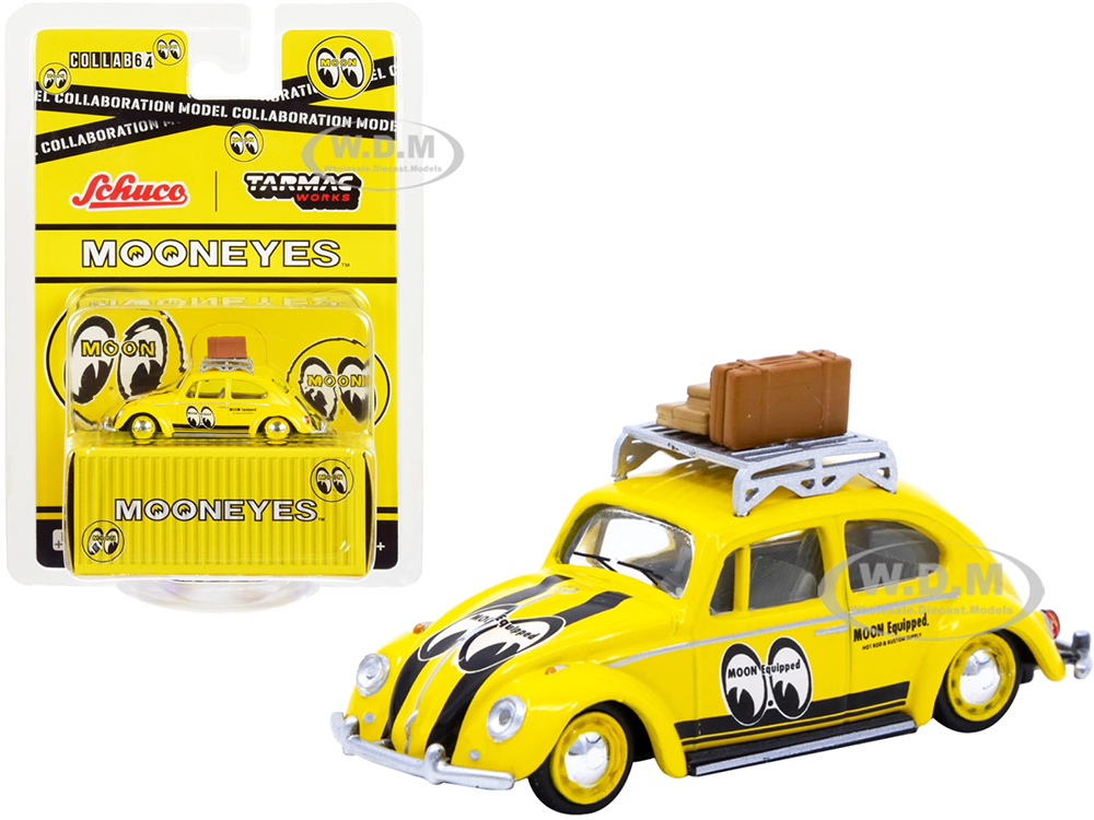 Volkswagen Beetle Low Ride Yellow with Roof Rack and Luggage "Mooneyes" "Collaboration Model" 1/64 Diecast Model Car by Schuco &amp; Tarmac Works