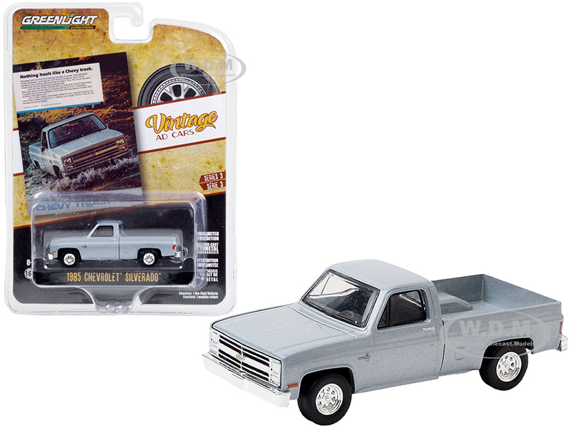 1985 Chevrolet Silverado Pickup Truck Silver "Nothing Hauls Like a Chevy Truck" "Vintage Ad Cars" Series 3 1/64 Diecast Model Car by Greenlight