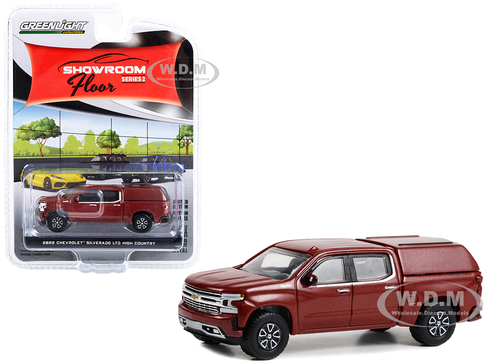 2022 Chevrolet Silverado LTD High Country Pickup Truck with Camper Shell Cherry Red Metallic Showroom Floor Series 2 1/64 Diecast Model Car by Greenlight