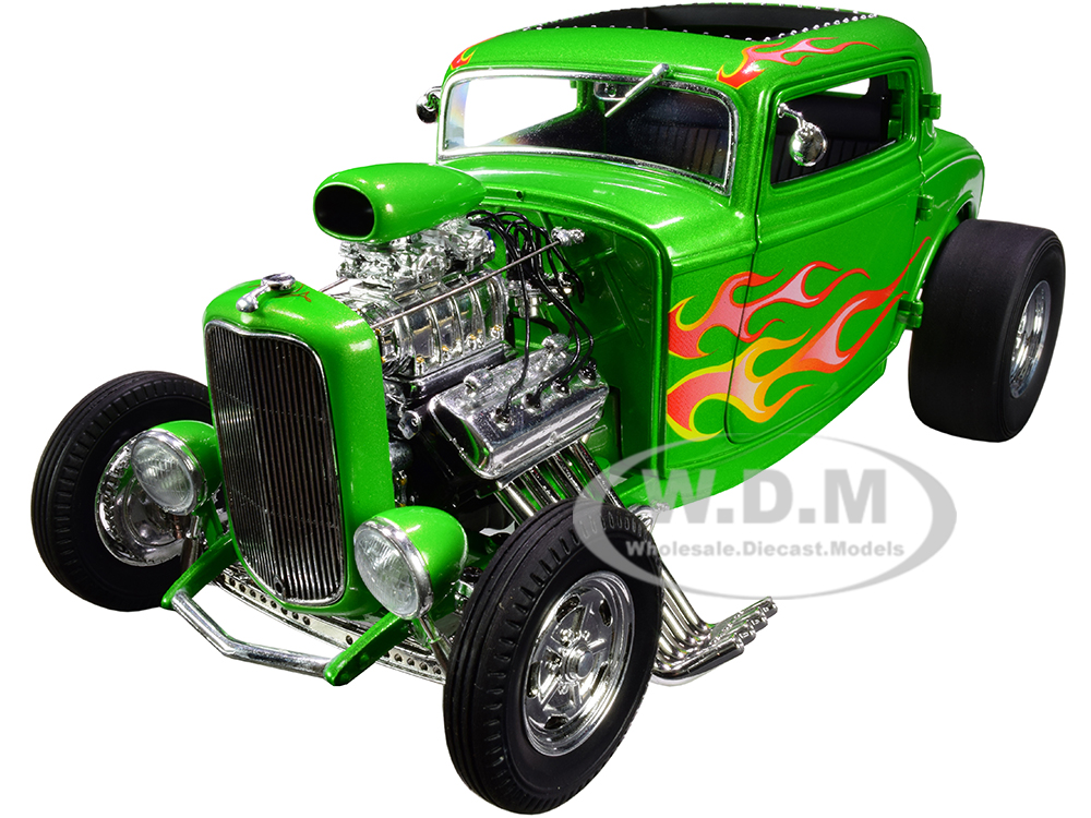 1932 Ford Blown 3 Window Hot Rod "Rat Fink" Bright Green Metallic with Flames Limited Edition to 990 pieces Worldwide 1/18 Diecast Model Car by ACME