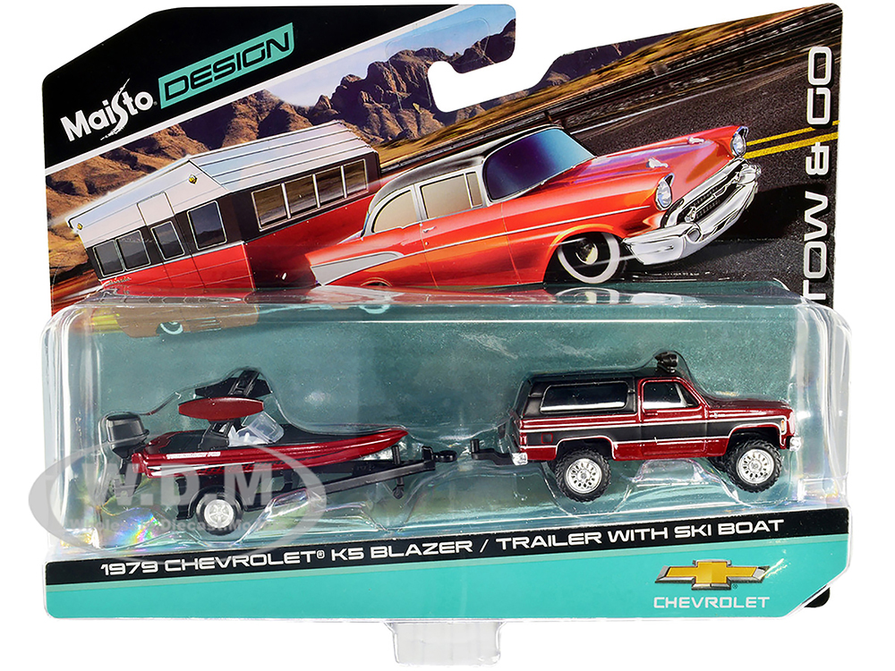 1979 Chevrolet K5 Blazer Red Metallic and Matt Black and Ski Boat Red Metallic and Matt Black with Trailer Tow & Go Series 1/64 Diecast Models by Maisto