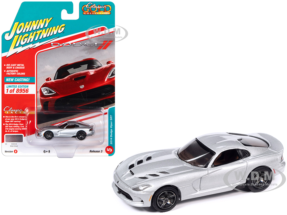 2014 Dodge Viper SRT Billet Silver Metallic Classic Gold Collection Series Limited Edition to 8956 pieces Worldwide 1/64 Diecast Model Car by Johnny Lightning