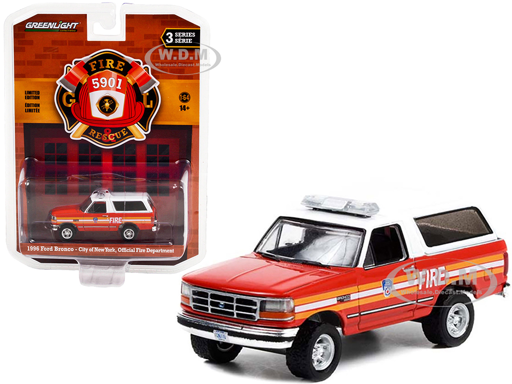 1996 Ford Bronco Red and White with Stripes "City of New York Official Fire Department" (New York) "Fire &amp; Rescue" Series 3 1/64 Diecast Model Ca