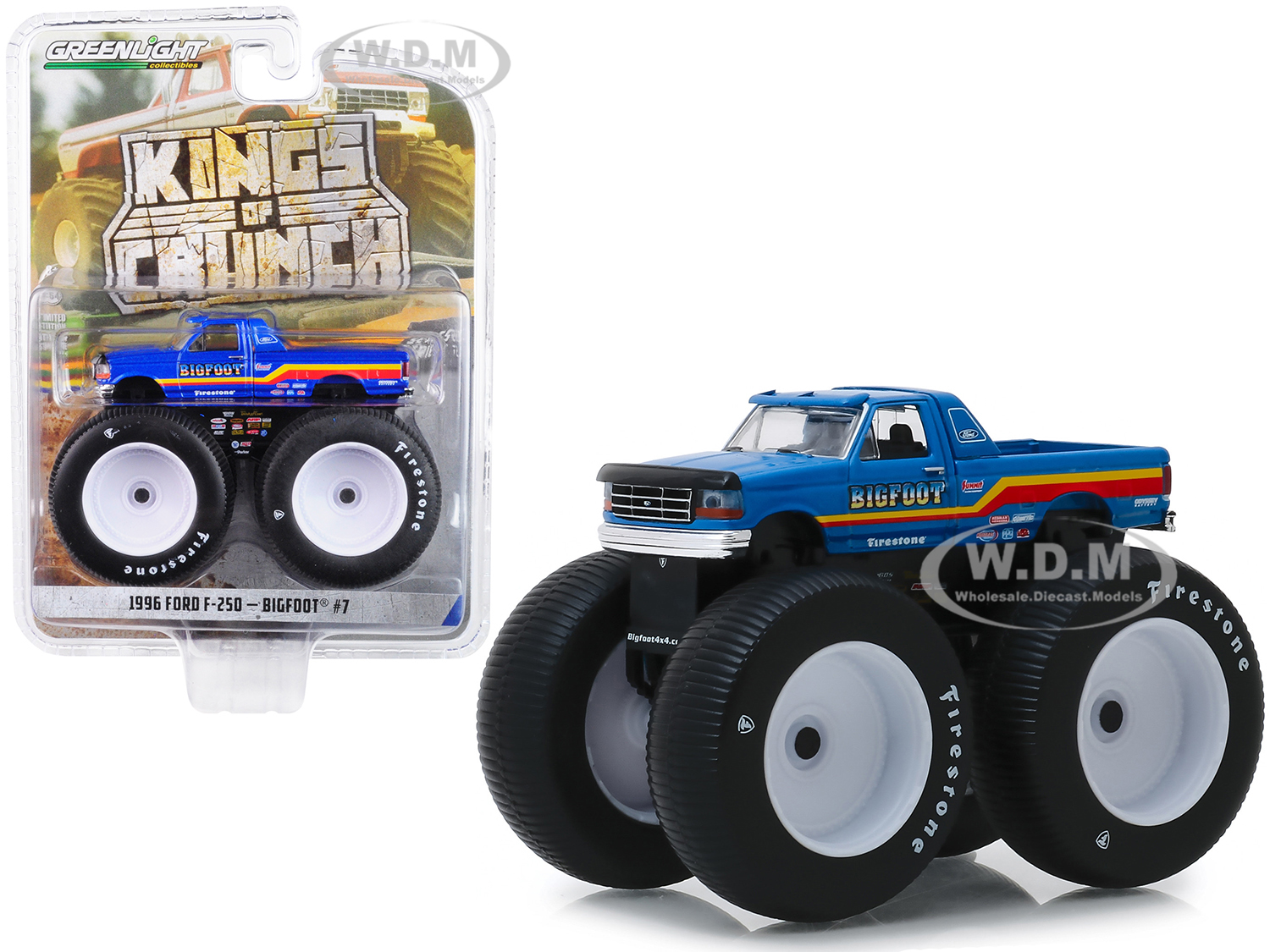 1996 Ford F-250 Monster Truck Bigfoot #7 Metallic Blue with Stripes Kings of Crunch Series 5 1/64 Diecast Model Car by Greenlight
