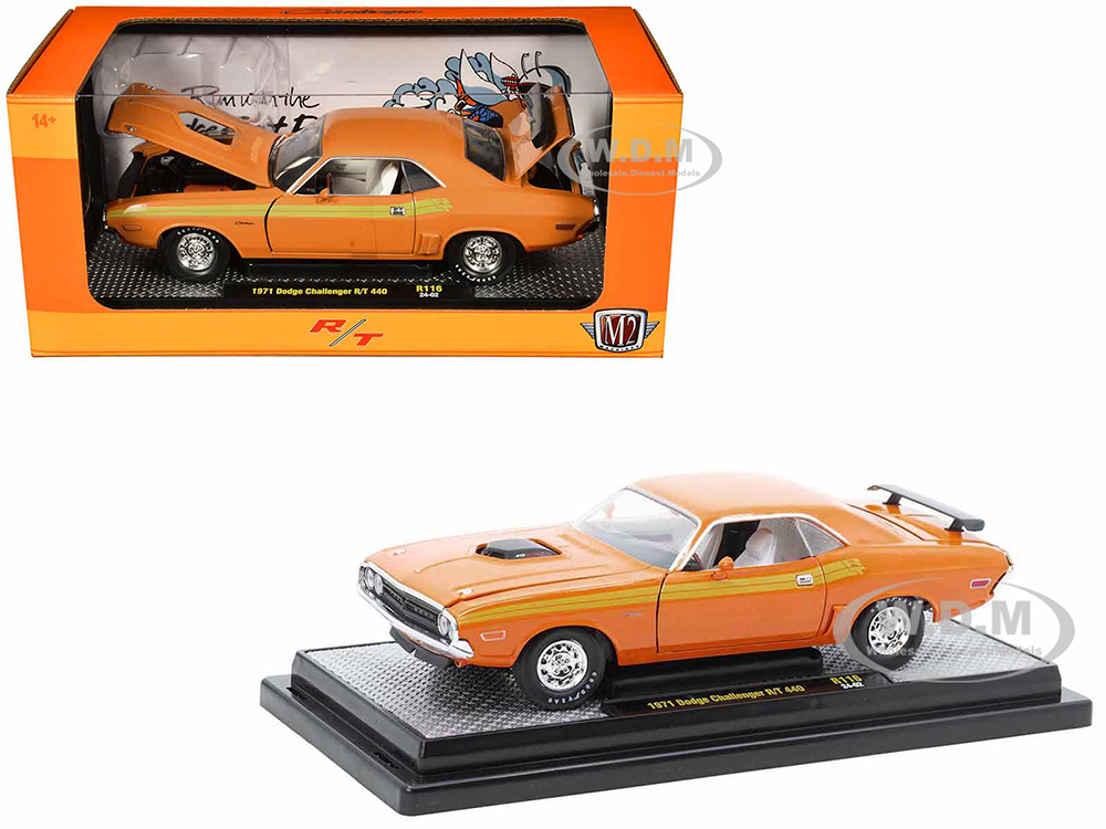 1971 Dodge Challenger R/T 440 Orange with Yellow Stripes and White Interior Limited Edition to 5250 pieces Worldwide 1/24 Diecast Model Car by M2 Machines