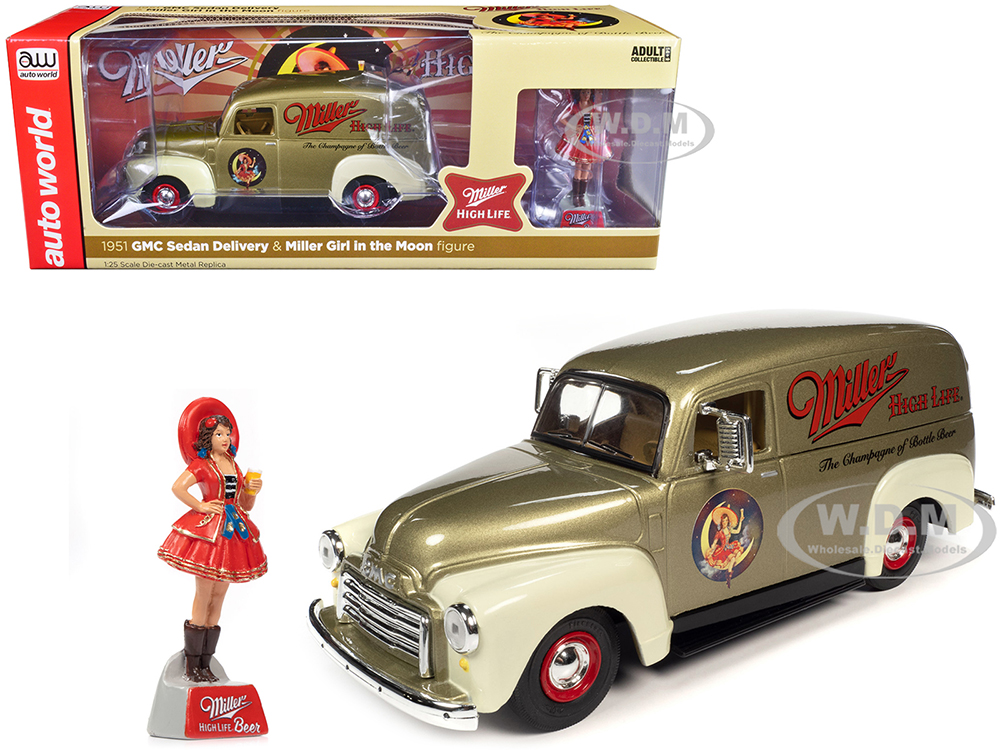 1951 GMC Sedan Delivery Gold Metallic and Beige Miller High Life and Miller Girl in the Moon Resin Figure 1/25 Diecast Model Car by Auto World