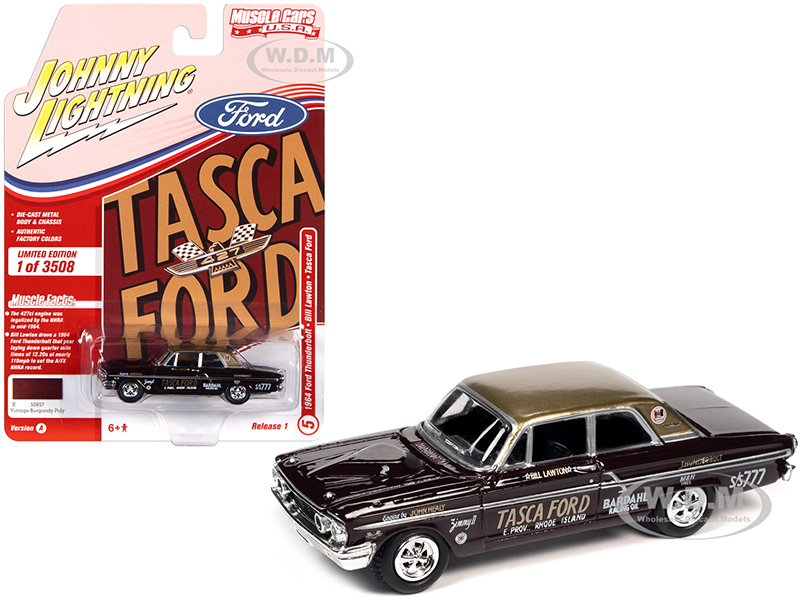 1964 Ford Thunderbolt Bill Lawton Tasca Vintage Burgundy Metallic with Gold Top and Race Graphics Limited Edition to 3508 pieces Worldwide Muscle Cars USA Series 1/64 Diecast Model Car by Johnny Lightning