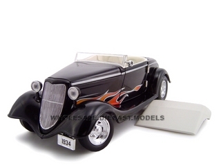 1934 Ford Custom Convertible Black With Flames 1/24 Diecast Car Model By Unique Replicas