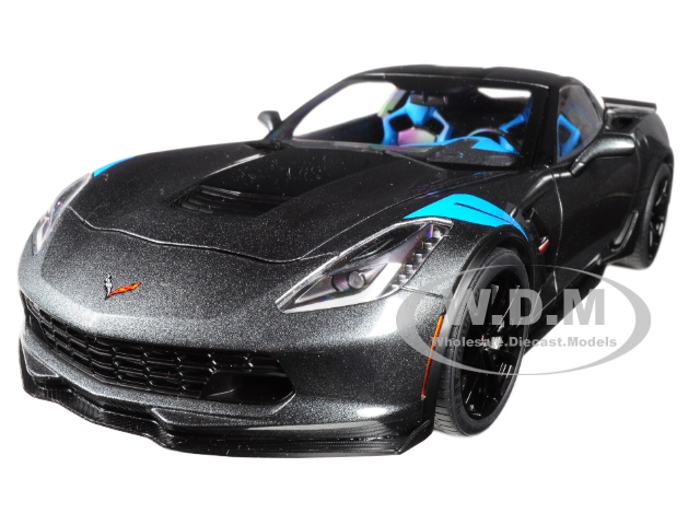 Image of 2017 Chevrolet Corvette C7 Grand Sport Watkins Glen Grey Metallic with Black Stripe and Blue Fender Hash Marks 1/18 Model Car by Autoart