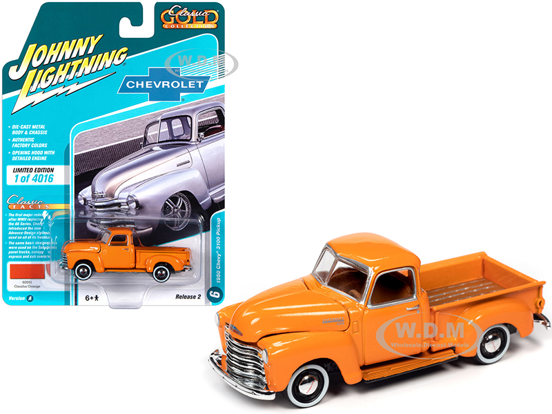 Image of 1950 Chevrolet 3100 Pickup Truck Omaha Orange "Classic Gold Collection" Limited Edition to 4016 pieces Worldwide 1/64 Diecast Model Car by Johnny Lig