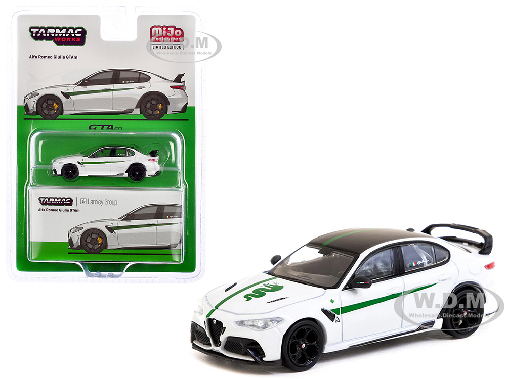Alfa Romeo Giulia GTAm White with Green Stripes and Black Top Global64 Series 1/64 Diecast Model by Tarmac Works