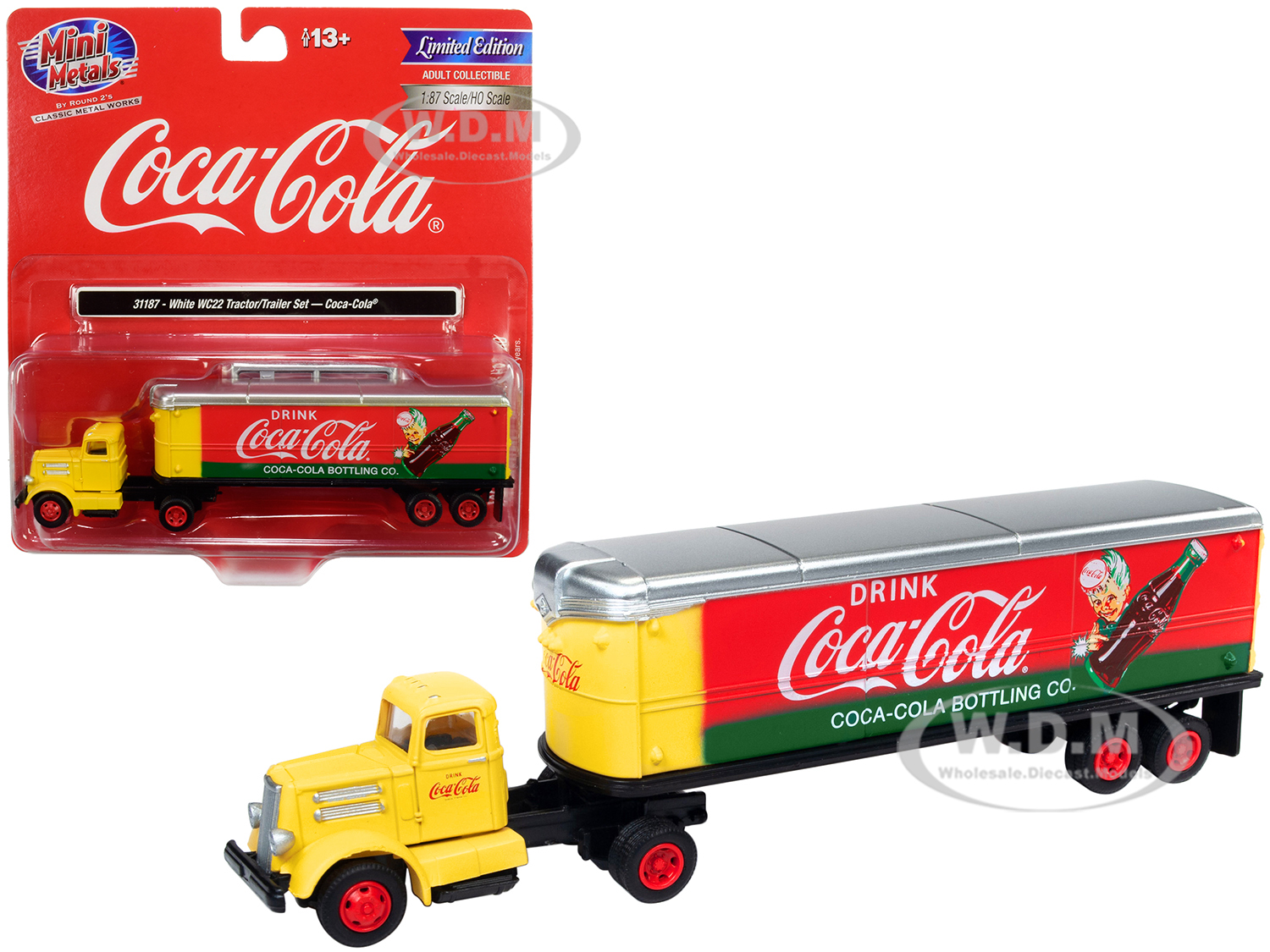 Image of White WC22 Tractor Trailer "Coca-Cola" Yellow and Red 1/87 (HO) Scale Model by Classic Metal Works