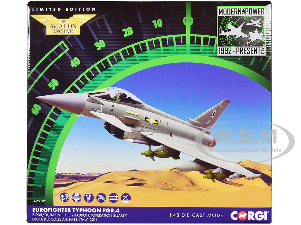 Eurofighter Typhoon FGR.4 Fighter Aircraft RAF No.11 Squadron Operation Ellamy Gioia del Colle Air Base Italy (2011) Royal Air Force The Aviation Archive Series 1/48 Diecast Model by Corgi