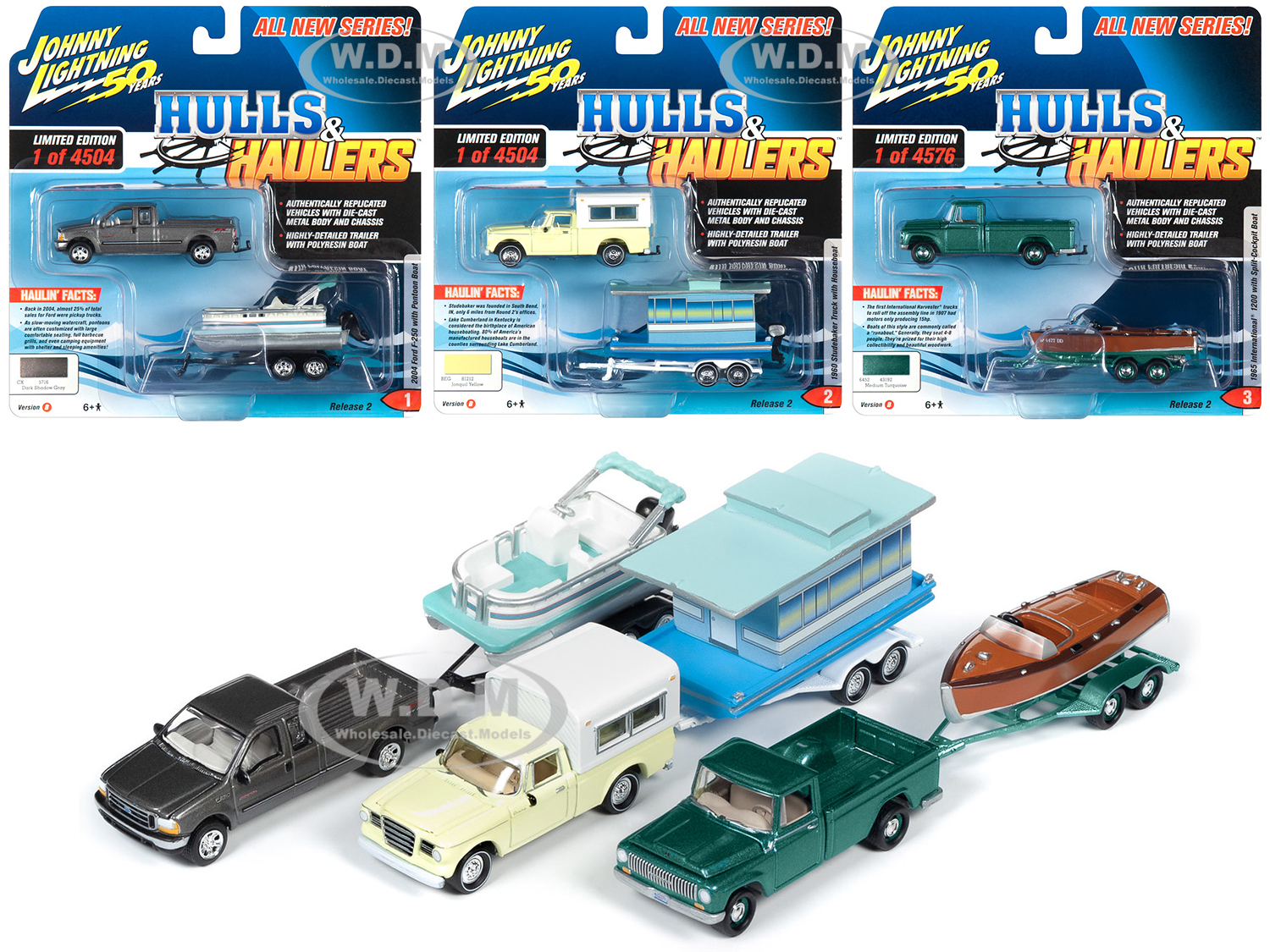 "hulls & Haulers" Series 2 Set B Of 3 Cars "johnny Lightning 50th Anniversary" 1/64 Diecast Model Cars By Johnny Lightning
