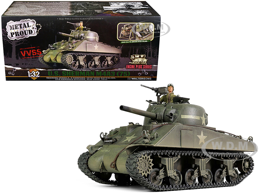 Sherman M4A3 (75) Medium Tank U.S. Training vehicle C Company 10th Tank Battalion 5th Armored Division New York (1943) Engine Plus Series 1/32 Diecast Model by Metal Proud