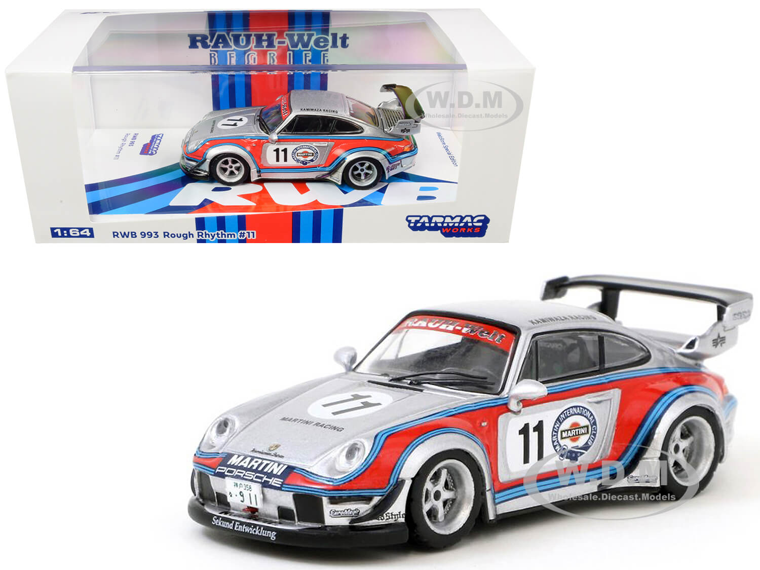 Image of Porsche RWB 993 11 Rough Rhythm "Martini International Club" "Kamiwaza Racing" WebStore Special Edition "RAUH-Welt BEGRIFF" 1/64 Diecast Model Car by