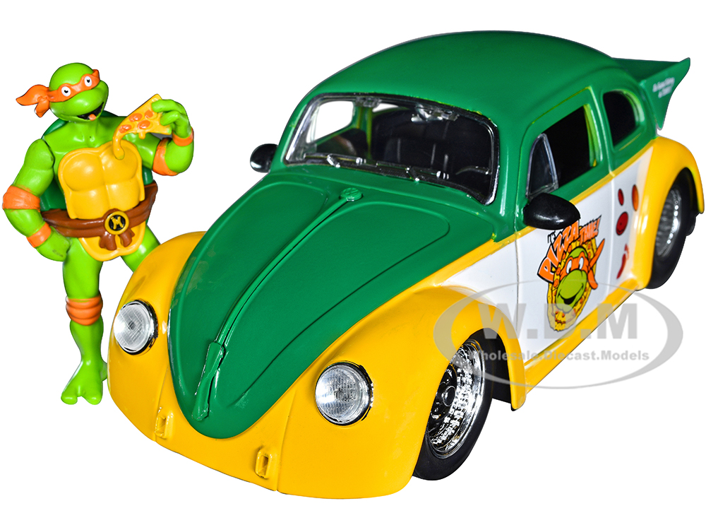 1959 Volkswagen Drag Beetle Green and Yellow and Michelangelo Diecast Figure "Teenage Mutant Ninja Turtles" "Hollywood Rides" Series 1/24 Diecast Mod