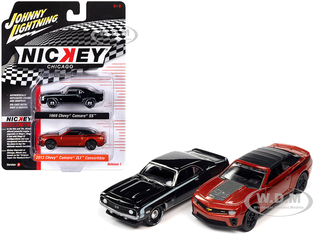 1969 Chevrolet Camaro SS Black with White Stripes and 2013 Chevrolet Camaro ZL1 Convertible Inferno Orange Metallic with Black Top and Stripes 
