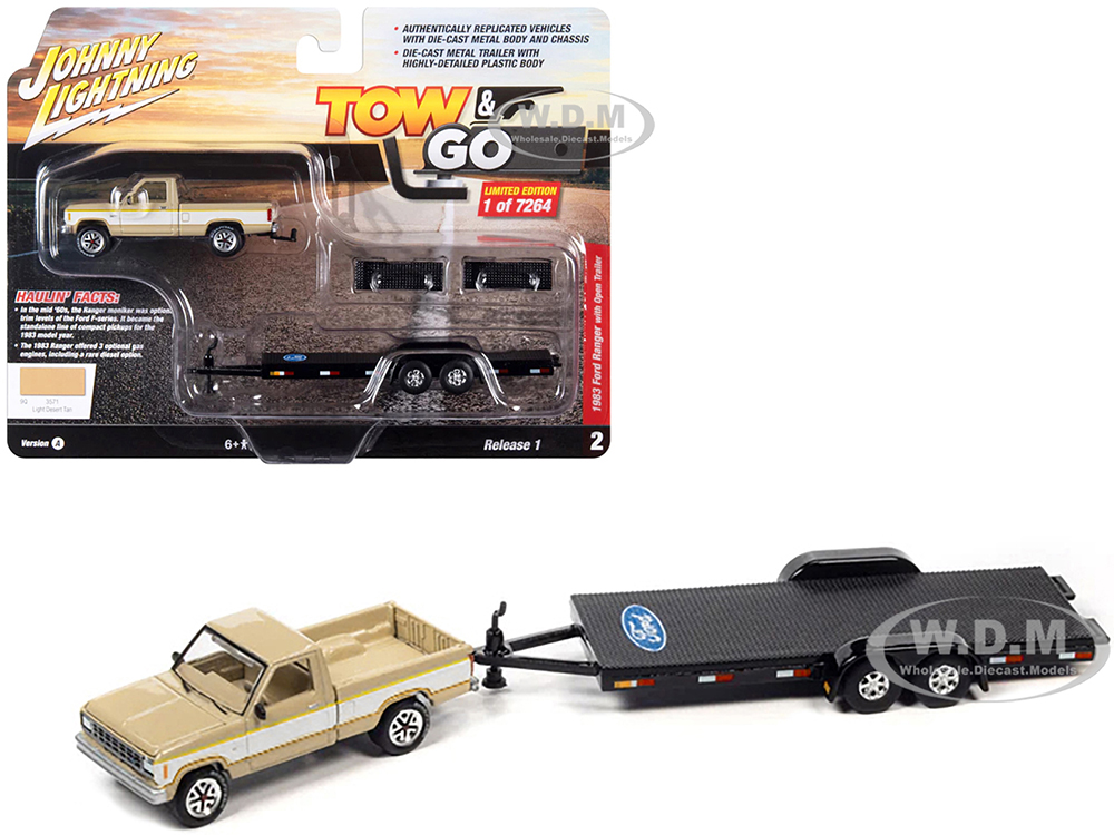 1983 Ford Ranger XLS Pickup Truck Light Desert Tan and White with Open Flatbed Trailer Limited Edition to 7264 pieces Worldwide Tow & Go Series 1/64 Diecast Model Car by Johnny Lightning