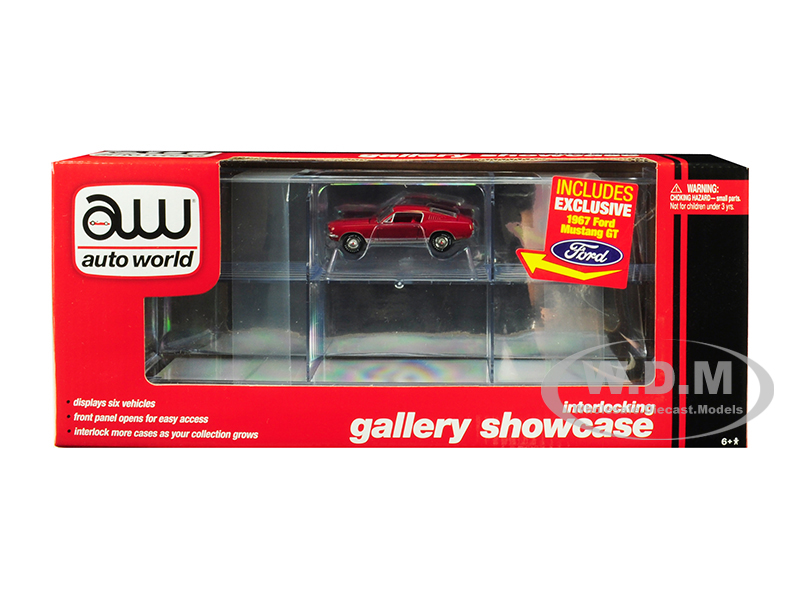6 Car Interlocking Acrylic Display Show Case With 1967 Ford Mustang Gt Red For 1/64 Scale Model Cars By Autoworld