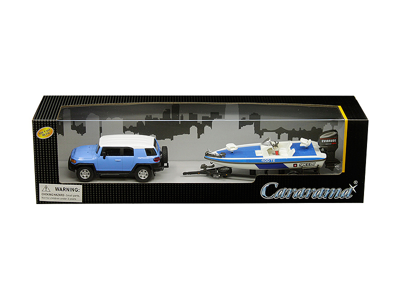 Toyota Fj Cruiser With Speed Boat And Trailer Blue And White 1/43 Diecast Model Car By Cararama