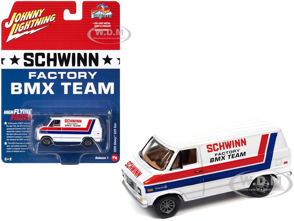 1976 Chevrolet G20 Van White with Stripes Schwinn Factory BMX Team Pop Culture 2023 Release 1 1/64 Diecast Model Car by Johnny Lightning