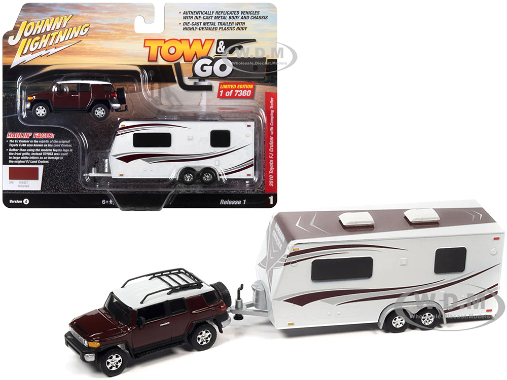 2010 Toyota FJ Cruiser Brick Red with White Top and Roof Rack with Camping Trailer Limited Edition to 7360 pieces Worldwide Tow & Go Series 1/64 Diecast Model Car by Johnny Lightning