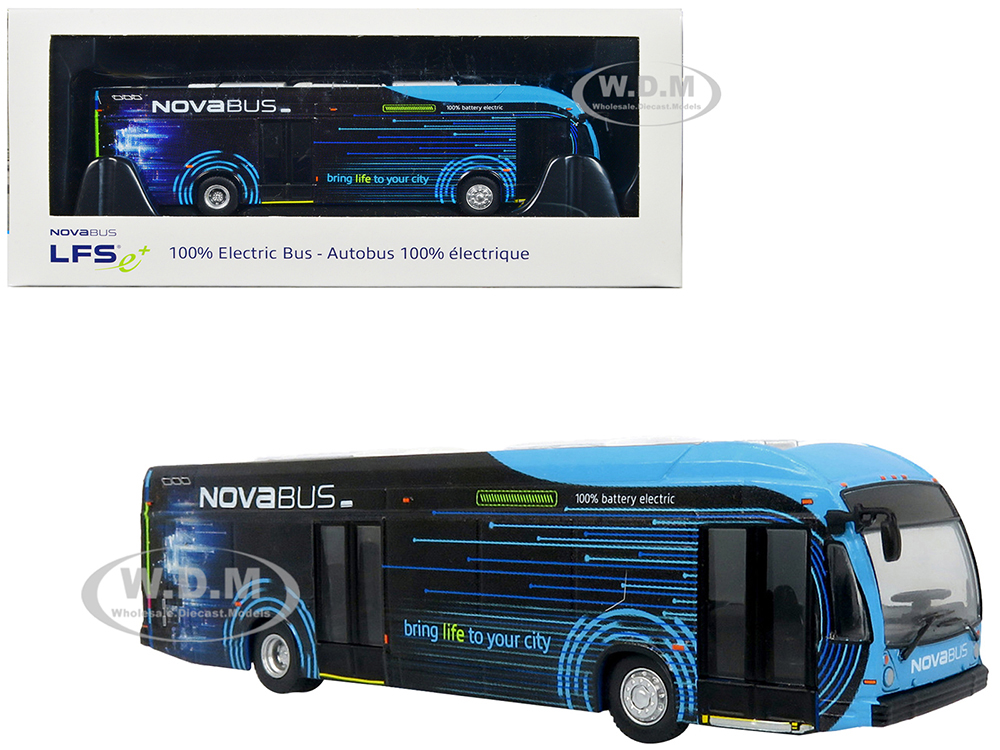 Nova Bus LFSe Electric Transit Bus Bring Life to Your City Black and Blue with Graphics 1/87 (HO) Diecast Model by Iconic Replicas