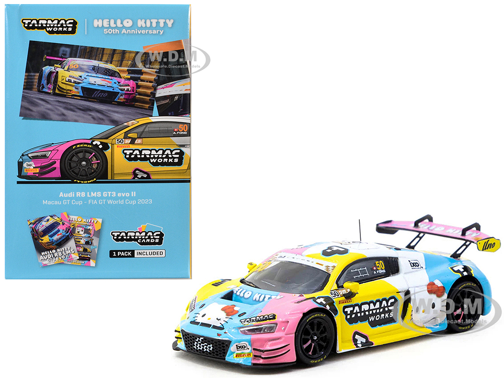 Audi R8 LMS GT3 Evo II #50 Adderly Fong Macau GP Cup - Hello Kitty 50th Anniversary FIA GT World Cup (2023) with Cards Hobby64 Series 1/64 Diecast Model Car by Tarmac Works
