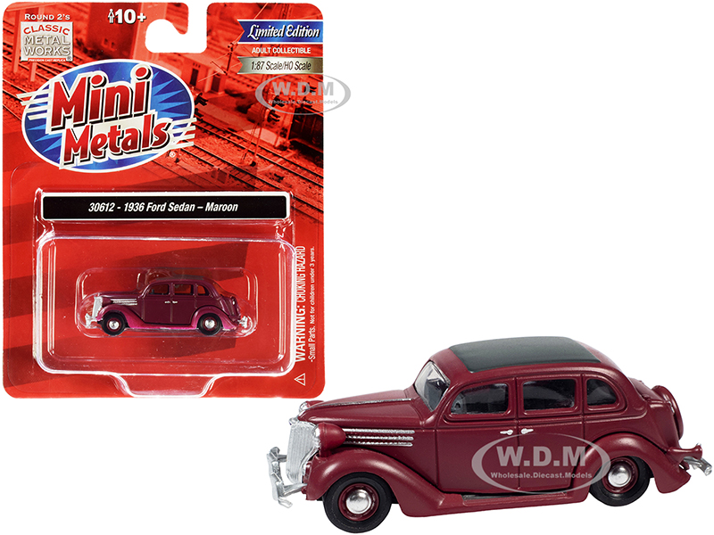 1936 Ford Sedan Maroon with Black Top 1/87 (HO) Scale Model Car by Classic Metal Works