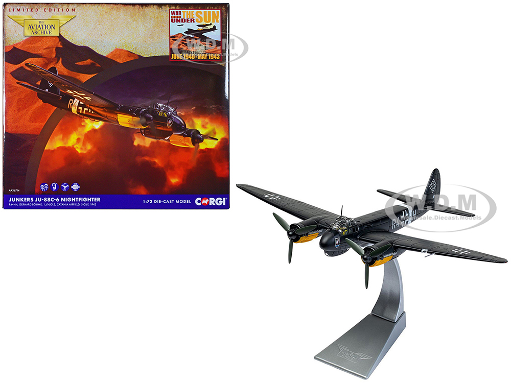Junkers Ju-88C-6 Nightfighter Bomber Aircraft R4+HH Gerhard Bohme 1./NJG.2 Catania Airfield Sicily (1942) German Luftwaffe The Aviation Archive Series 1/72 Diecast Model by Corgi