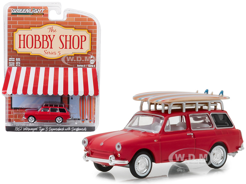 1962 Volkswagen Type 3 Squareback With Roof Rack And Surfboards Red "the Hobby Shop" Series 5 1/64 Diecast Model Car By Greenlight