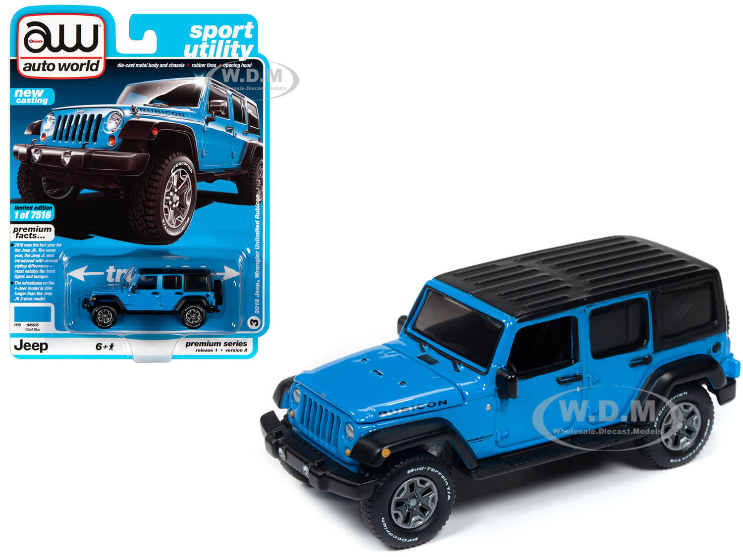 Image of 2018 Jeep Wrangler Unlimited Rubicon Chief Blue with Flat Black Top "Sport Utility" Limited Edition to 7516 pieces Worldwide 1/64 Diecast Model Car b