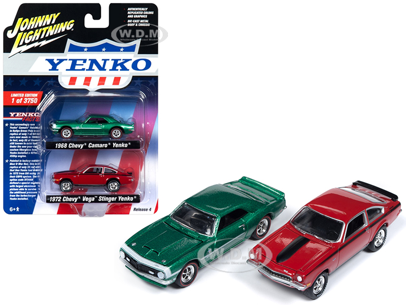 Image of 1968 Chevrolet Camaro Yenko Metallic Green and 1972 Chevrolet Vega Stinger Yenko Red 2 piece Set Limited Edition to 3750 pieces Worldwide 1/64 Diecas