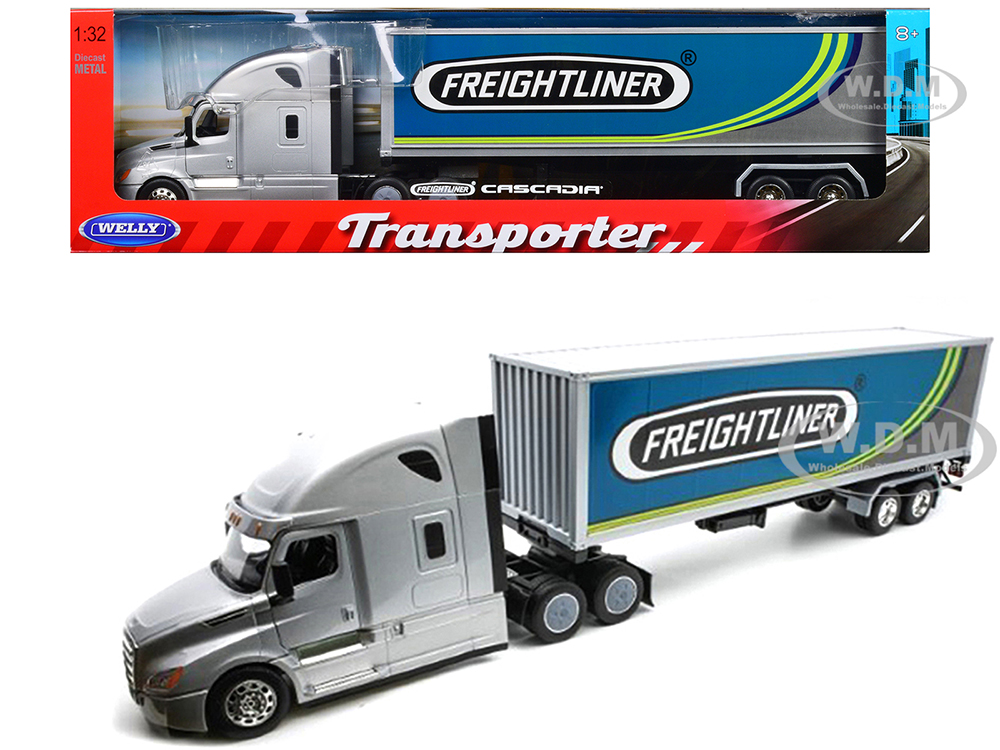 Freightliner Cascadia Truck Silver Metallic With Freightliner Container 1/32 Diecast Model By Welly