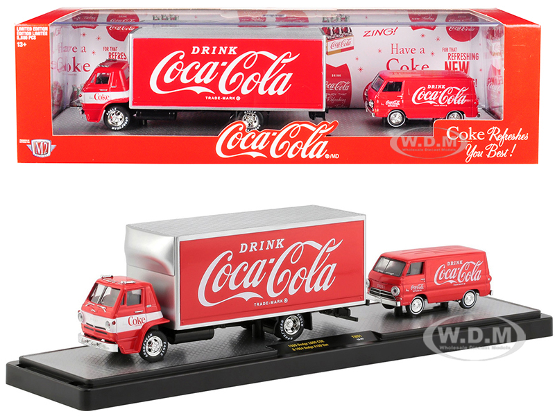 Image of 1969 Dodge L600 COE Truck Coke Red with White Stripe and 1964 Dodge A100 Van Coke Red "Coca-Cola" Set Limited Edition to 5880 pieces Worldwide 1/64 D