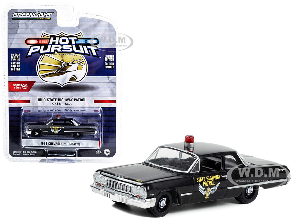 1963 Chevrolet Biscayne Black "Ohio State Highway Patrol" "Hot Pursuit" Series 43 1/64 Diecast Model Car by Greenlight