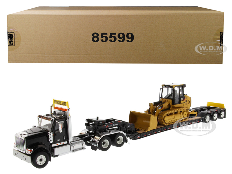 International HX520 Tandem Tractor Black with XL 120 Lowboy Trailer and CAT Caterpillar 963K Track Loader Set of 2 pieces 1/50 Diecast Models by Diecast Masters