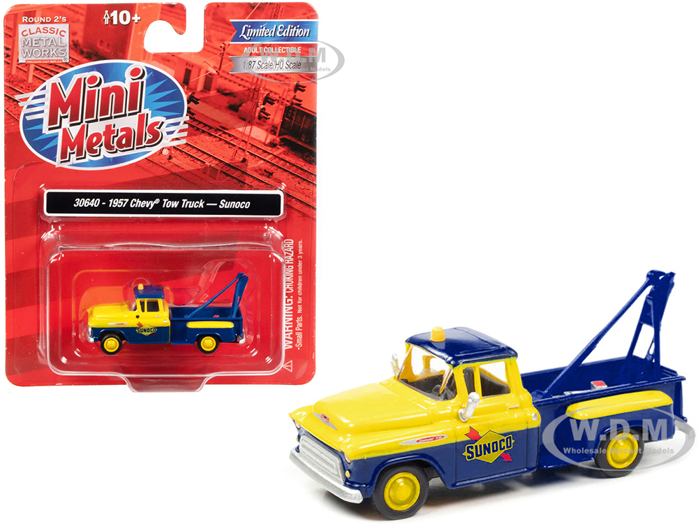 1957 Chevrolet Stepside Tow Truck "Sunoco" Blue and Yellow 1/87 (HO) Scale Model Car by Classic Metal Works