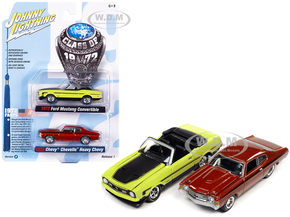 1972 Ford Mustang Convertible Bright Lime Green with Black Hood and Stripes and 1972 Chevrolet Chevelle SS Heavy Chevy Orange Flame Metallic with Black Stripes Class of 1972 Set of 2 Cars 1/64 Diecast Model Cars by Johnny Lightning