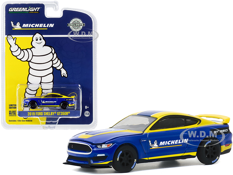 Image of 2019 Ford Mustang Shelby GT350R "Michelin Tires" Blue with Yellow Stripes "Hobby Exclusive" 1/64 Diecast Model Car by Greenlight