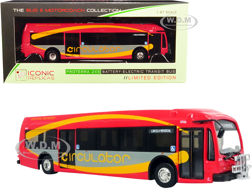 Proterra ZX5 Battery-Electric Transit Bus DC Circulator "Lincoln Memorial" (Washington D.C.) Red and Gray with Yellow Stripes "The Bus &amp; Motorcoa