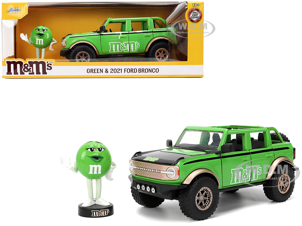 2021 Ford Bronco Green with Black Stripes and Green M&Ms Diecast Figure Hollywood Rides Series 1/24 Diecast Model Car by Jada