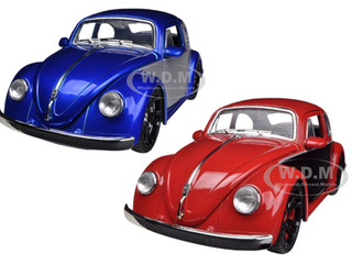 1959 Volkswagen Beetle Blue & Red 2 Cars Set 1/24 Diecast Car Models By Jada