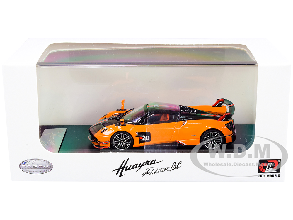 Pagani Huayra Roadster BC Orange and Carbon with Red and White Stripes 1/64 Diecast Model Car by LCD Models