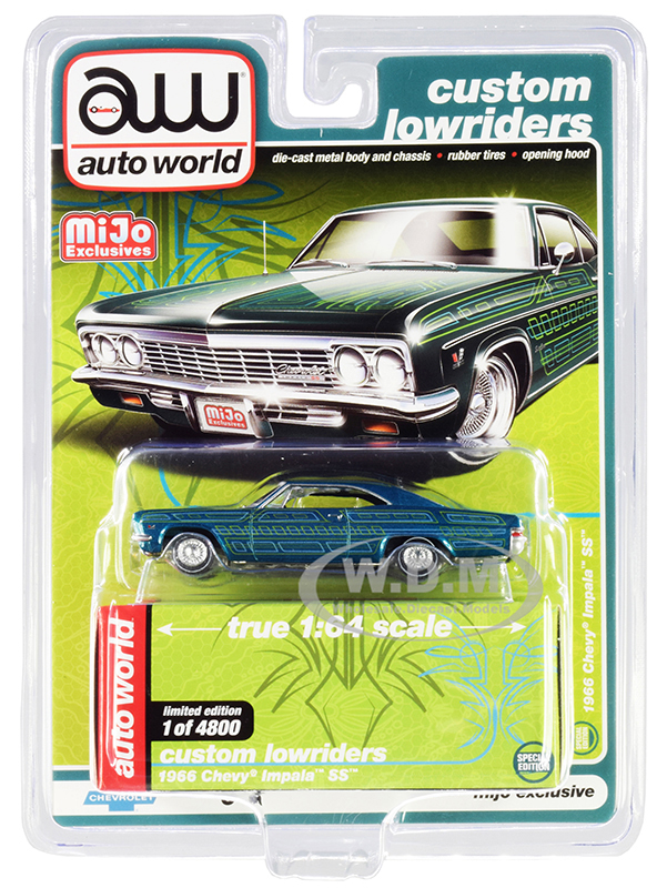 1966 Chevrolet Impala SS Blue Metallic with Graphics "Custom Lowriders" Limited Edition to 4800 pieces Worldwide 1/64 Diecast Model Car by Auto World