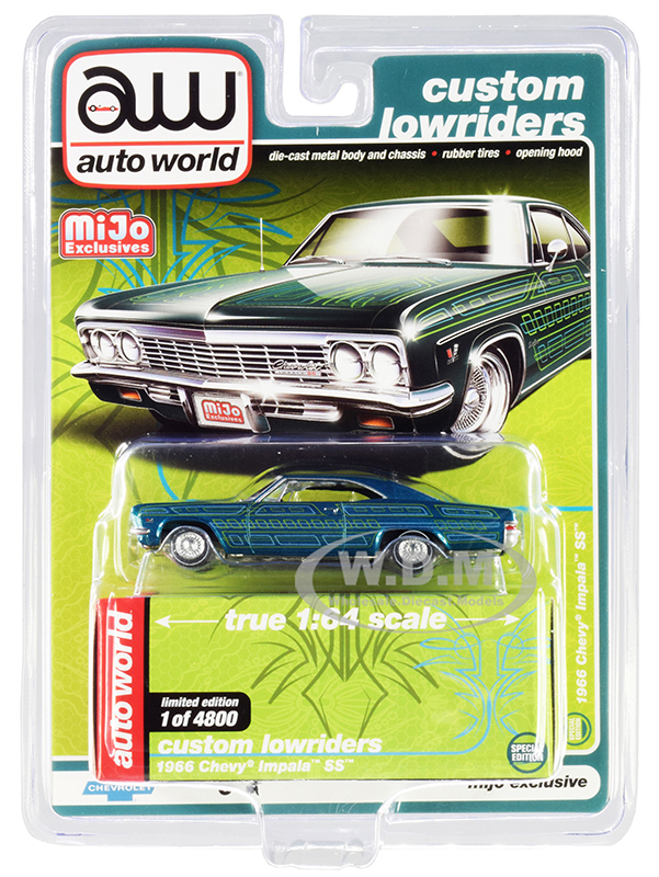 1966 Chevrolet Impala SS Blue Metallic with Graphics Custom Lowriders Limited Edition to 4800 pieces Worldwide 1/64 Diecast Model Car by Auto World
