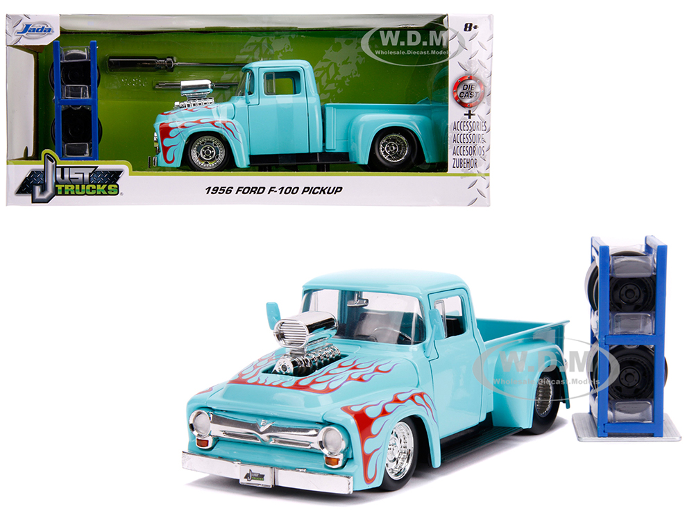 Image of 1956 Ford F-100 Pickup Truck Turquoise with Red Flames with Extra Wheels "Just Trucks" Series 1/24 Diecast Model Car by Jada