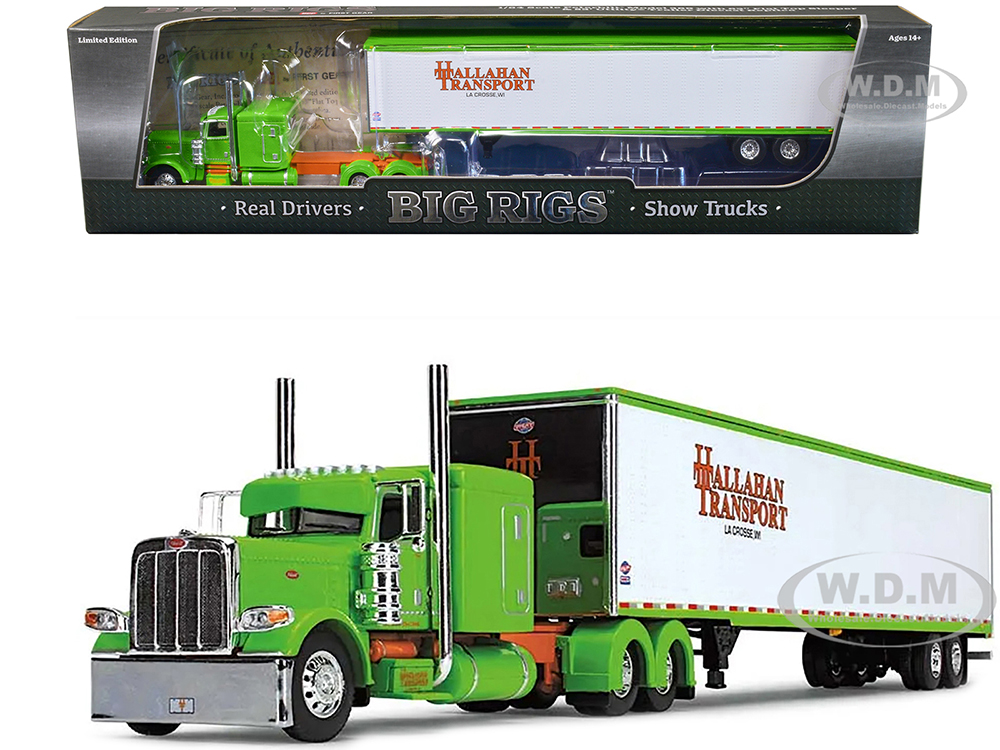 Peterbilt 389 with 63 Flat-Top Sleeper and 53 Utility Trailer Hallahan Transport Green Big Rigs Series 1/64 Diecast Model by DCP/First Gear